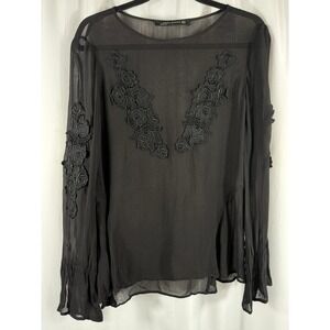ZARA WOMAN‎ Black Sheer Bell Sleeve Floral Applique Blouse Top Size M